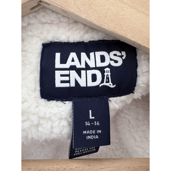 LANDS END Size Large 14-16 Red Plaid Cotton Flannel Sherpa Lined Bath Robe Cozy - Picture 2 of 15